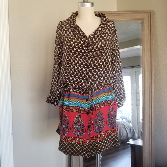 TOLANI Anthopologie Silk Bohemain Button Down Shirt Dress Tunic W Drawstring. - Picture 11 of 16